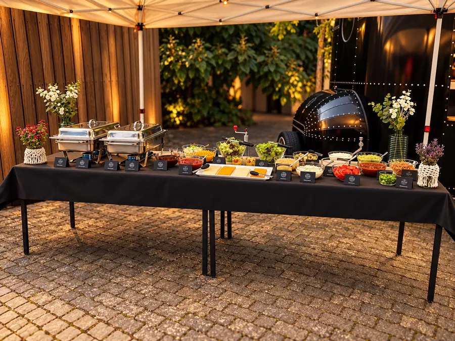 Burgerbuffet mit Toppings unter dem Pavillon, dahinter der Foodtruck