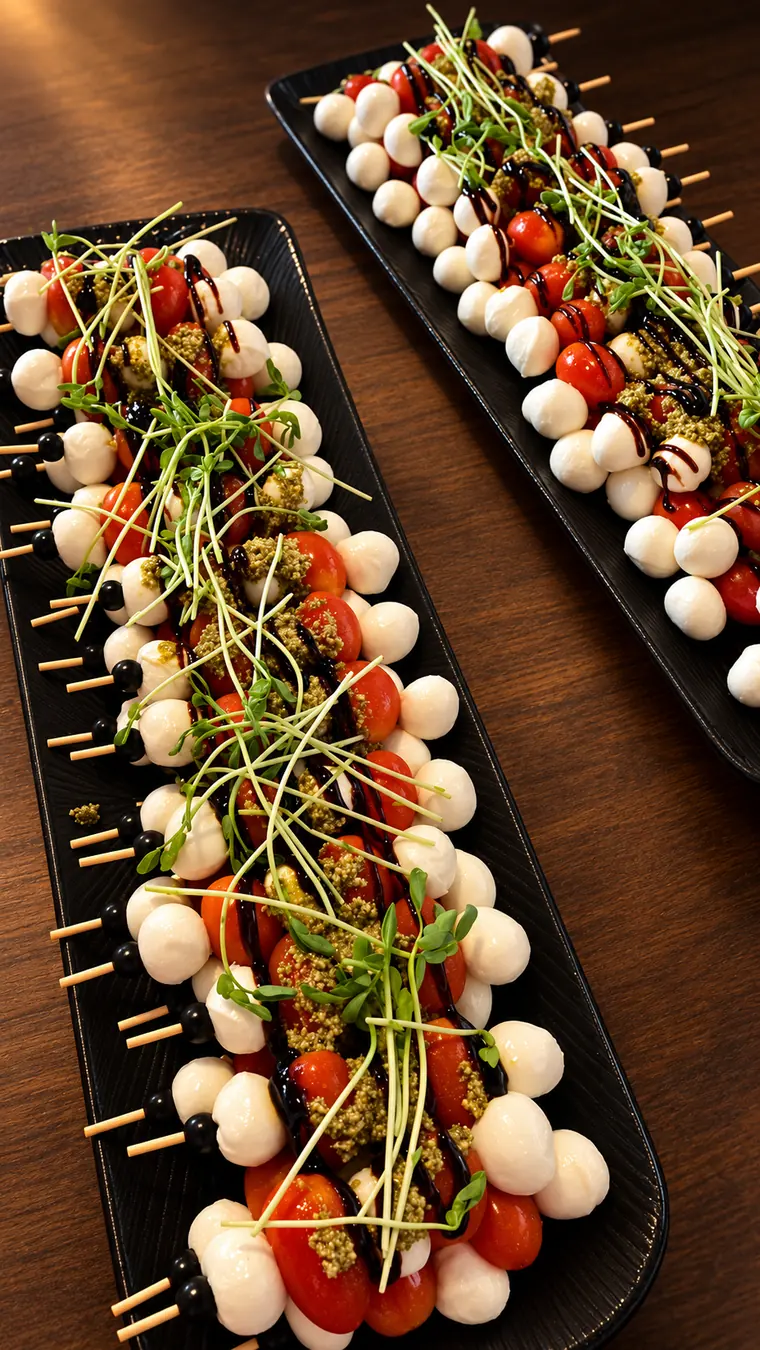 Tomate-Mozzarella-Spieße auf schwarzen Platten